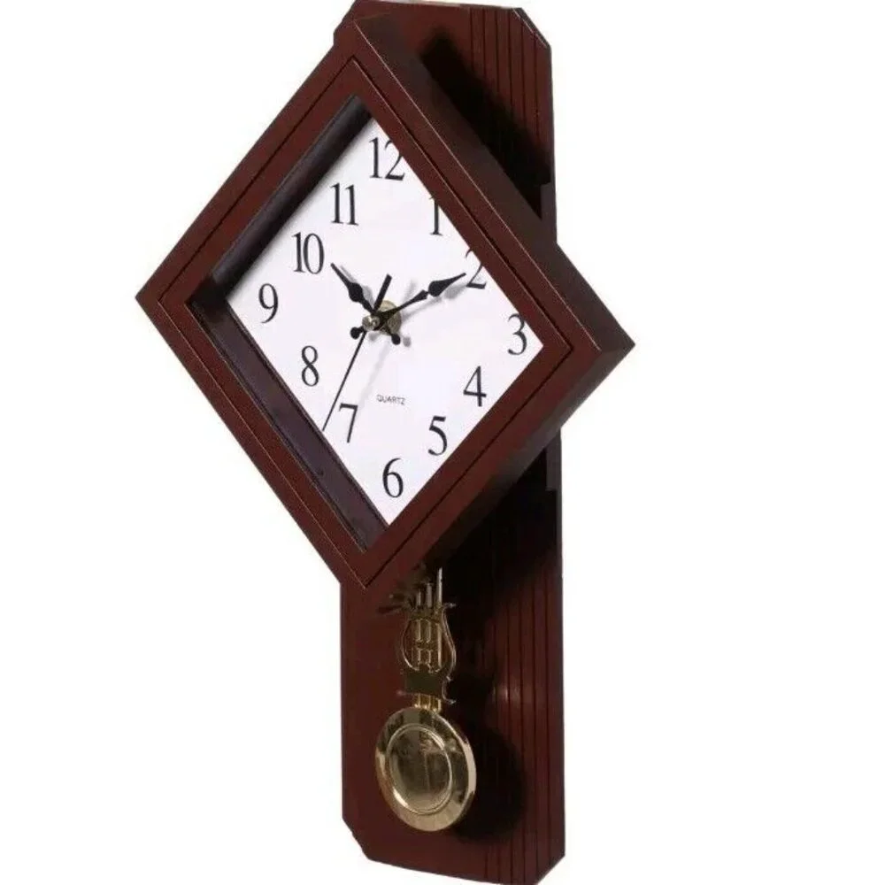 Wood-Look Pendulum Plastic Wall Clock Vintage For Living Room Kitchen Or Dining